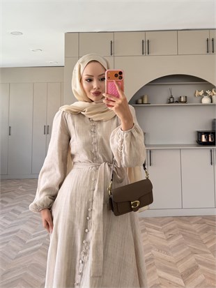 Rosef Düğmeli Elbise Bej (4531)