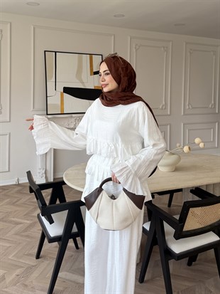 Rovika Fırfırlı Pantolonlu Takım Beyaz (4515)
