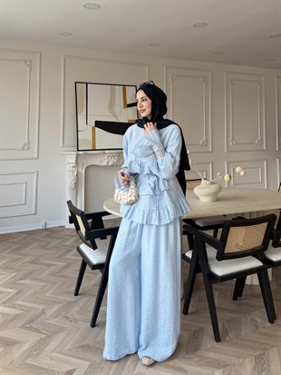 Rovika Fırfırlı Pantolonlu Takım Mavi (4515)