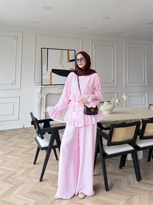 Rovika Fırfırlı Pantolonlu Takım Pembe (4515)