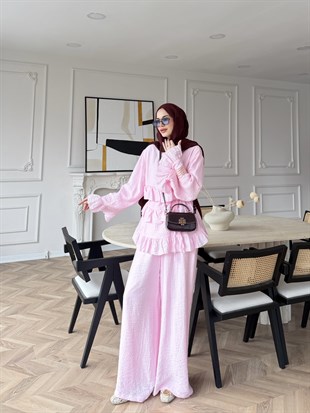 Rovika Fırfırlı Pantolonlu Takım Pembe (4515)