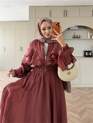 Roxanne Fırfırlı Ceketli Etekli Takım Kiremit (2021)