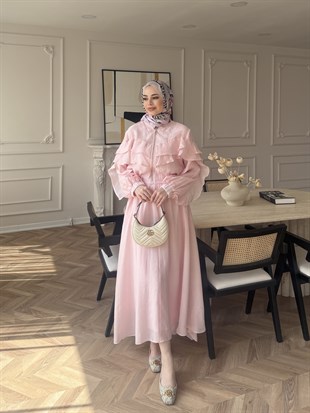 Roxanne Fırfırlı Ceketli Etekli Takım Pembe (2021)