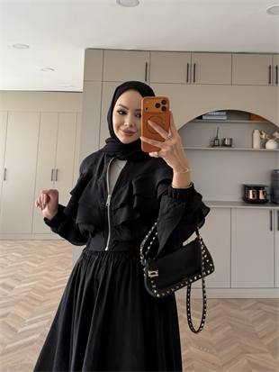 Roxanne Fırfırlı Ceketli Etekli Takım Siyah (2021)