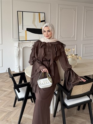 (ÖNSİPARİŞ) 7 iş günü sonra kargolanacaktır Ruffles Kat Kat Şifon Pantolon Takım Acı Kahve (26047)