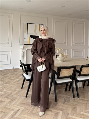 (ÖNSİPARİŞ) 7 iş günü sonra kargolanacaktır Ruffles Kat Kat Şifon Pantolon Takım Acı Kahve (26047)