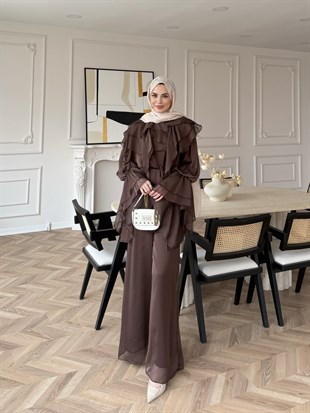 (ÖNSİPARİŞ) 7 iş günü sonra kargolanacaktır Ruffles Kat Kat Şifon Pantolon Takım Acı Kahve (26047)