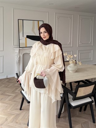 Ruffles Kat Kat Şifon Pantolon Takım Bej (26047)