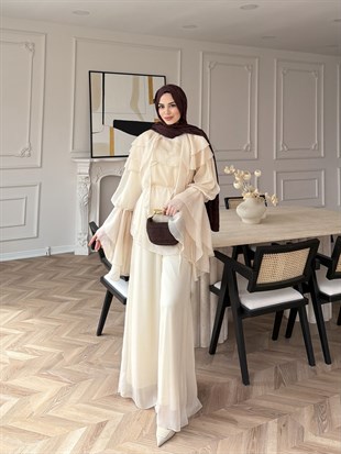 Ruffles Kat Kat Şifon Pantolon Takım Bej (26047)