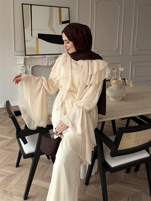 Ruffles Kat Kat Şifon Pantolon Takım Bej (26047)