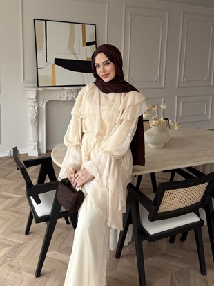 Ruffles Kat Kat Şifon Pantolon Takım Bej (26047)