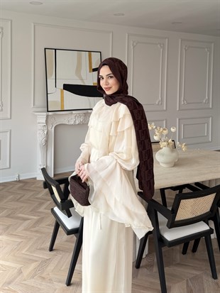 Ruffles Kat Kat Şifon Pantolon Takım Bej (26047)