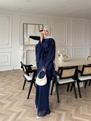 Ruffles Kat Kat Şifon Pantolon Takım Lacivert (26047)