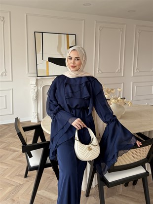 Ruffles Kat Kat Şifon Pantolon Takım Lacivert (26047)