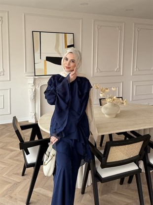 Ruffles Kat Kat Şifon Pantolon Takım Lacivert (26047)