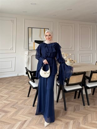 Ruffles Kat Kat Şifon Pantolon Takım Lacivert (26047)