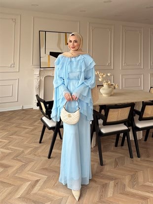 (ÖNSİPARİŞ) 7 iş günü sonra kargolanacaktır Ruffles Kat Kat Şifon Pantolon Takım Mavi (26047)