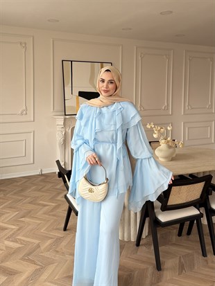 (ÖNSİPARİŞ) 7 iş günü sonra kargolanacaktır Ruffles Kat Kat Şifon Pantolon Takım Mavi (26047)