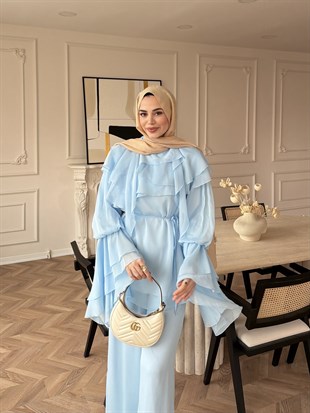 (ÖNSİPARİŞ) 7 iş günü sonra kargolanacaktır Ruffles Kat Kat Şifon Pantolon Takım Mavi (26047)