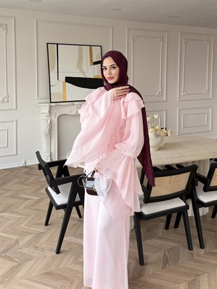 (ÖNSİPARİŞ) 7 iş günü sonra kargolanacaktır Ruffles Kat Kat Şifon Pantolon Takım Pembe (26047)