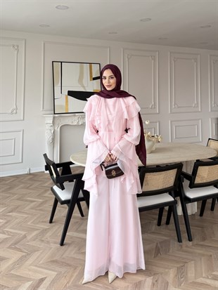 (ÖNSİPARİŞ) 7 iş günü sonra kargolanacaktır Ruffles Kat Kat Şifon Pantolon Takım Pembe (26047)