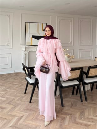 (ÖNSİPARİŞ) 7 iş günü sonra kargolanacaktır Ruffles Kat Kat Şifon Pantolon Takım Pembe (26047)