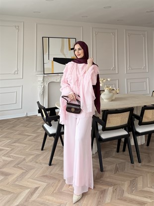 (ÖNSİPARİŞ) 7 iş günü sonra kargolanacaktır Ruffles Kat Kat Şifon Pantolon Takım Pembe (26047)