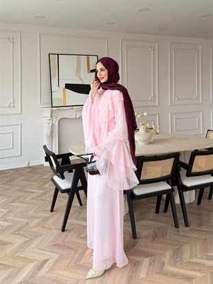 (ÖNSİPARİŞ) 7 iş günü sonra kargolanacaktır Ruffles Kat Kat Şifon Pantolon Takım Pembe (26047)