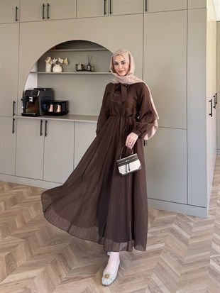 Safir Bağlama Detaylı Elbise Acı Kahve (4472)