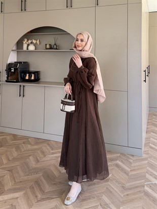 Safir Bağlama Detaylı Elbise Acı Kahve (4472)