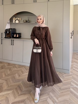Safir Bağlama Detaylı Elbise Acı Kahve (4472)