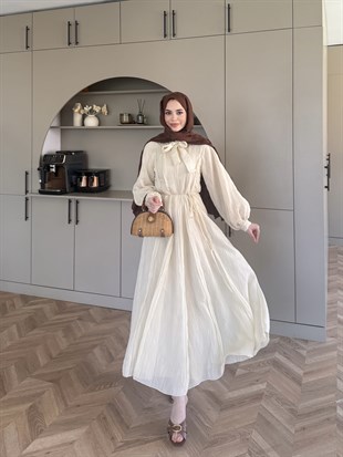 Safir Bağlama Detaylı Elbise Bej (4472)