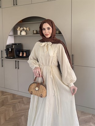 Safir Bağlama Detaylı Elbise Bej (4472)