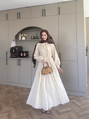 Safir Bağlama Detaylı Elbise Bej (4472)