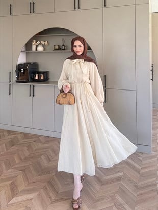 Safir Bağlama Detaylı Elbise Bej (4472)