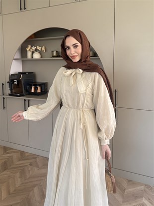 Safir Bağlama Detaylı Elbise Bej (4472)