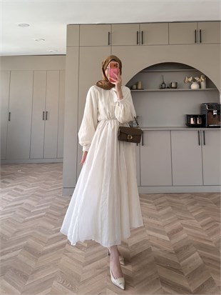 Safir Bağlama Detaylı Elbise Ekru (4472)
