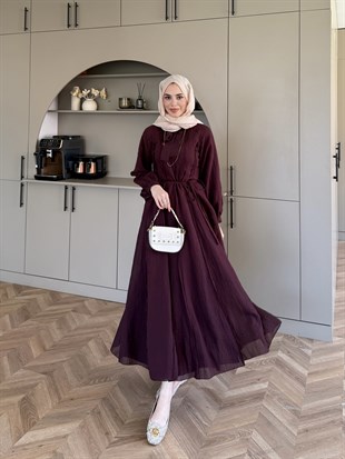 Safir Bağlama Detaylı Elbise Mürdüm (4472)