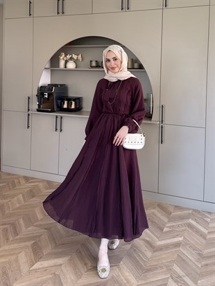 Safir Bağlama Detaylı Elbise Mürdüm (4472)