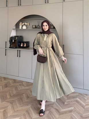 Safir Bağlama Detaylı Elbise Yağ Yeşili (4472)