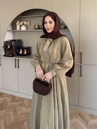 Safir Bağlama Detaylı Elbise Yağ Yeşili (4472)