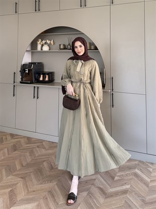Safir Bağlama Detaylı Elbise Yağ Yeşili (4472)