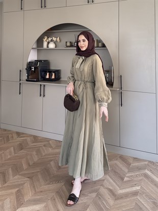 Safir Bağlama Detaylı Elbise Yağ Yeşili (4472)