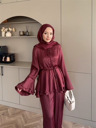 Sahra Kat Kat Pantolonlu Takım Bordo (5791)