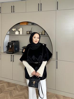 Şal Detaylı Kaban Siyah