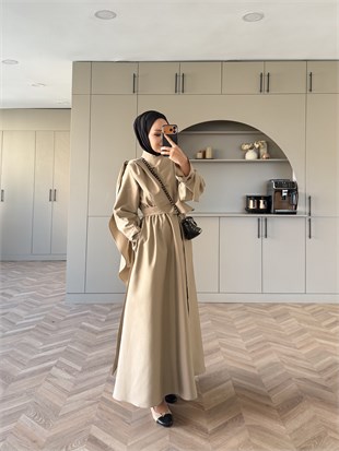 Şal Detaylı Trenç Elbise Bej (8865)