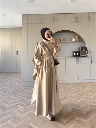 Şal Detaylı Trenç Elbise Bej (8865)