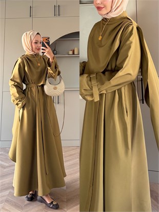 Şal Detaylı Trenç Elbise Haki (8865)