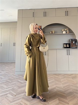 Şal Detaylı Trenç Elbise Haki (8865)