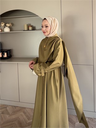 Şal Detaylı Trenç Elbise Haki (8865)